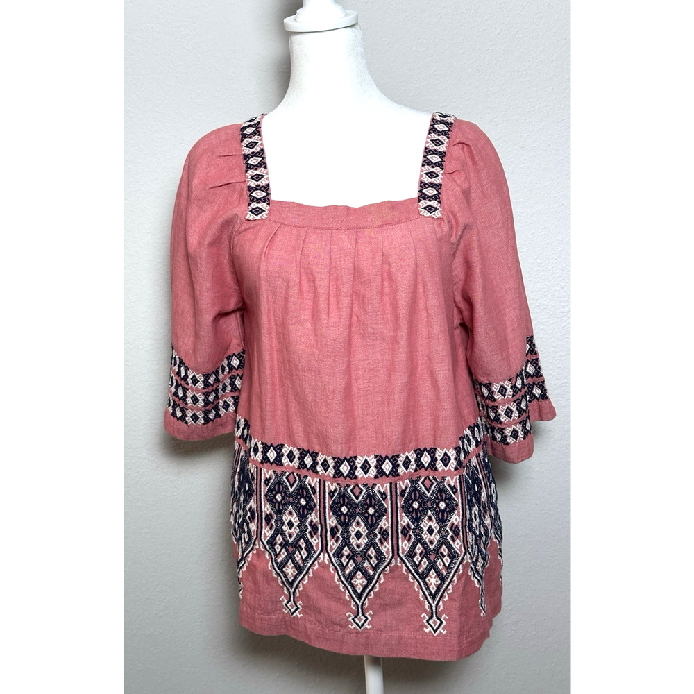 Calypso‎ St Barth Tunic, Boho Embroidered Top, Salmon Pink, Resort Wear (S)